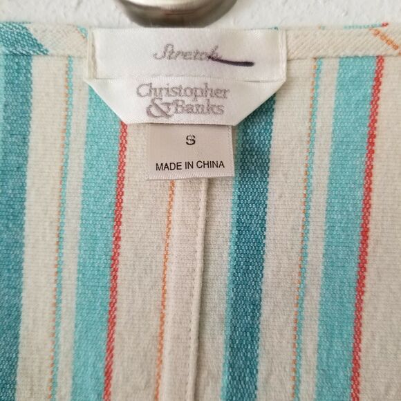 Christopher & Banks Blazer Aqua Blue & Cream Striped Stretch Pockets Small Y2K - Picture 4 of 8
